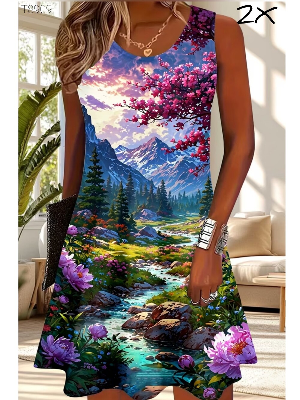 Cherry Blossom landscape tank dress, 2X